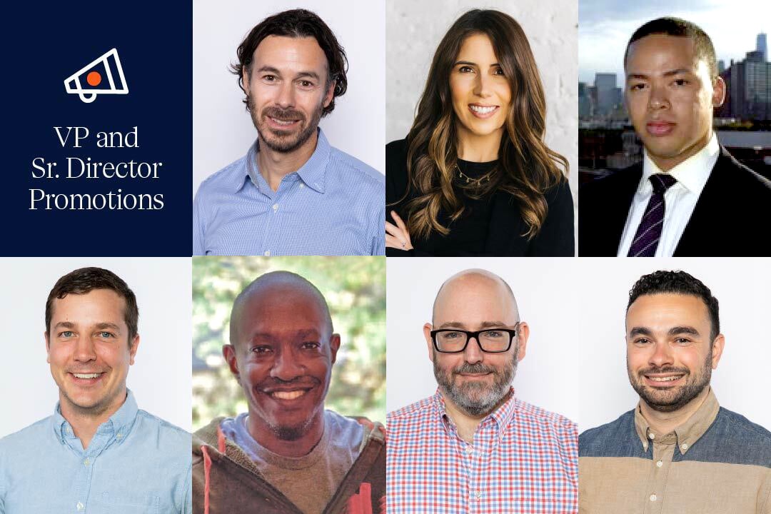 A group photo of seven people, each wearing professional attire. The caption beside them reads, "VP and Sr. Director Promotions.