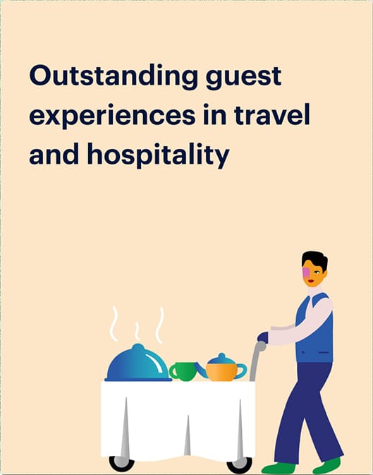 Illustration of a hotel staff member pushing a cart with covered food and tea, alongside the text "Outstanding guest experiences in travel and hospitality, supported by earned wage access for employees.
