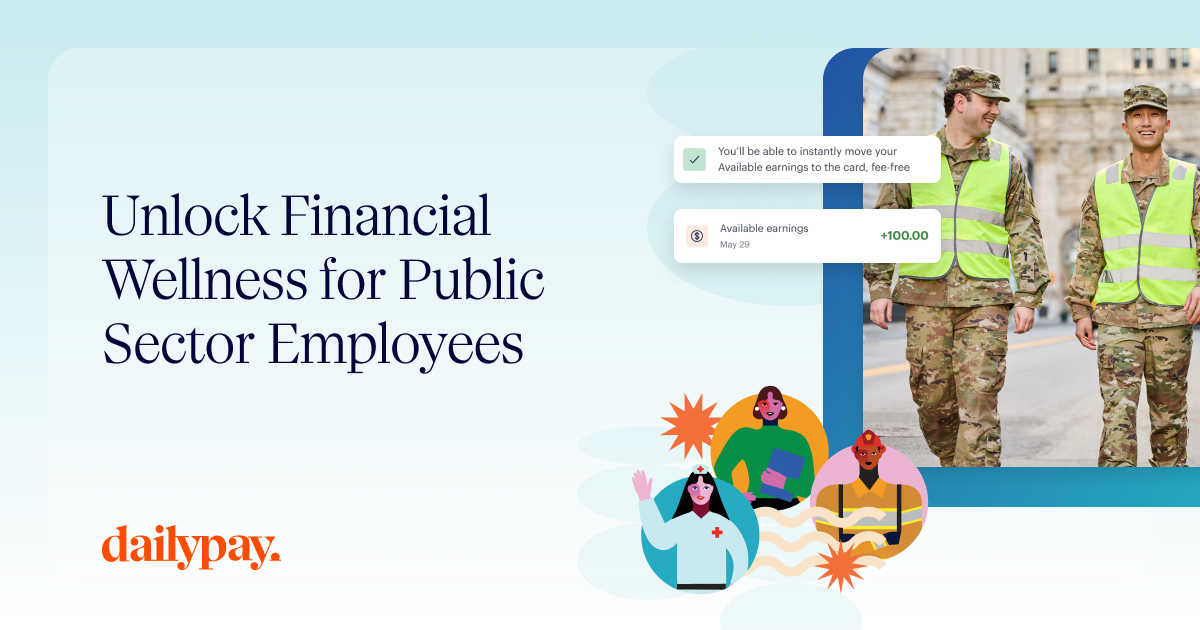 Two uniformed public sector employees walk together smiling; text promotes financial wellness to help reduce public sector turnover rates with DailyPay. Illustrations below show diverse professionals across vital community roles.