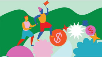 Two abstract figures in colorful clothing climb over diverse obstacles, including dollar signs and shapes, set against a green landscape. One figure waves a flag while the other provides support.