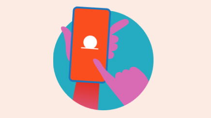 Illustration of a hand holding a smartphone with an orange screen and a white circle icon, set against a blue circular background.