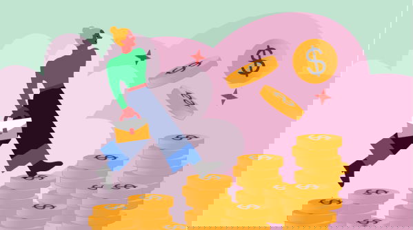 Illustration of a person walking on stacks of coins, holding a briefcase, with floating dollar signs in the background.