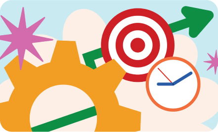 Illustration featuring a target with an upward green arrow, a clock with blue and red hands, and an orange gear, against a background with stars and abstract shapes.