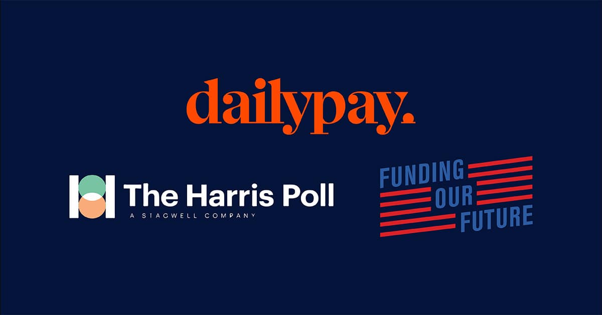 Logos of DailyPay, The Harris Poll, and Funding Our Future on a dark blue background.