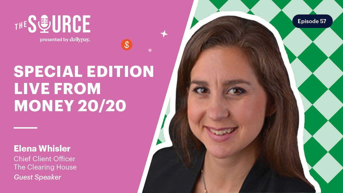A promotional banner for "The Source" podcast, Episode 57, featuring Elena Whisler, Chief Client Officer at The Clearing House, as a guest speaker for a special edition live from Money 20/20.