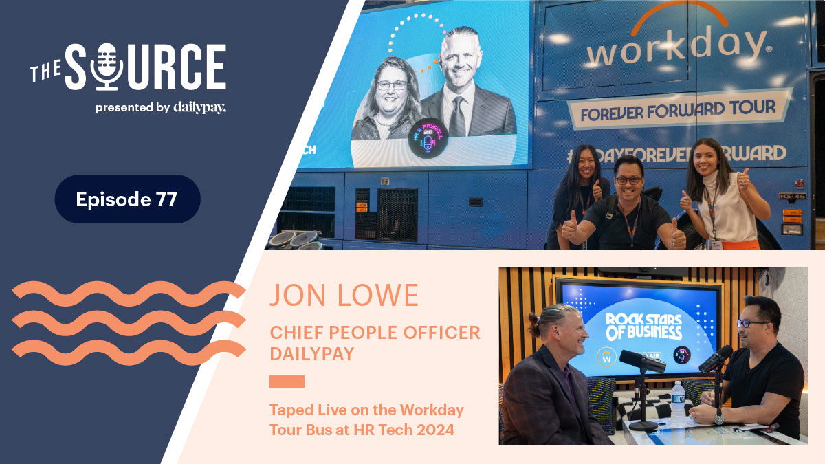 A podcast episode features Jon Lowe at the HR Tech 2024. Includes a tour bus backdrop with "Workday" branding and photos of the event with attendees.