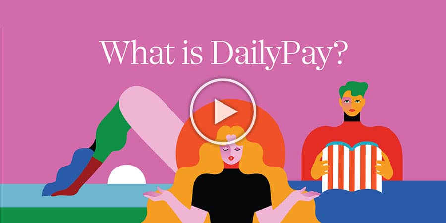 Illustration with colorful abstract figures and text "What is DailyPay?" at the top against a pink background.