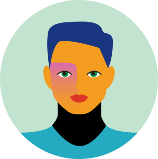 Illustration of a person with short blue hair, green eyes, and red lips, set against a circular green background. The face shows a blend of colors, notably orange and pink.