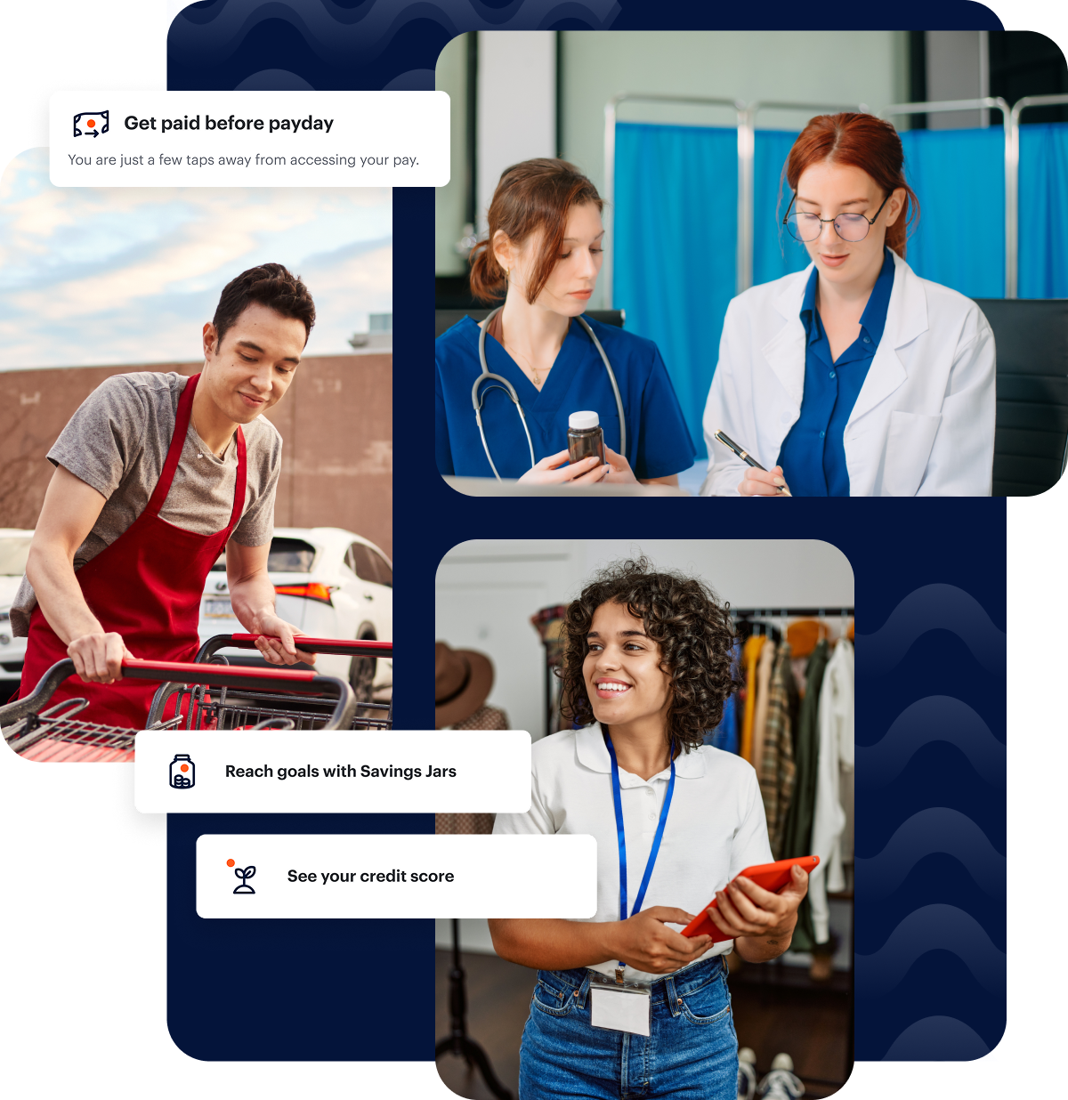 A collage showing healthcare workers discussing, a person pushing shopping carts, and a woman smiling with a tablet, with financial service notifications overlaid.