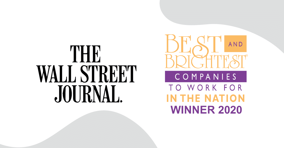 An image featuring the logos of The Wall Street Journal on the left and the "Best and Brightest Companies to Work For in the Nation Winner 2020" award on the right.