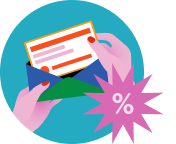 Illustration of hands holding an open envelope with a letter inside, beside a pink starburst containing a percent symbol, set against a blue circular background.
