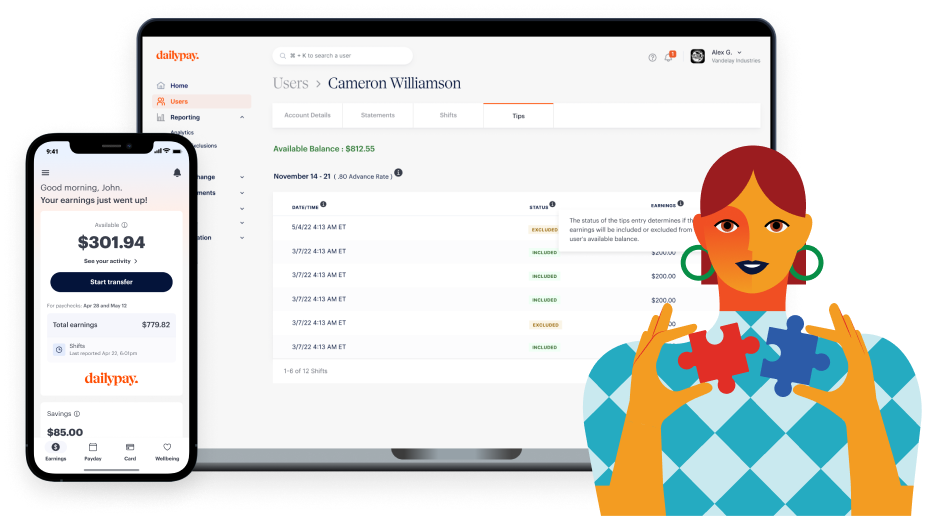 A phone screen with a daily pay summary and a computer screen displaying a user's account details and balance are shown beside an illustrated person holding puzzle pieces.