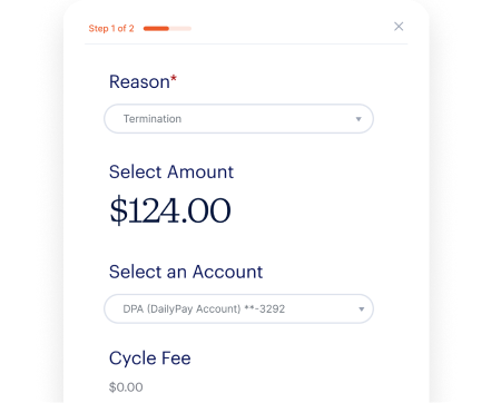 A digital form displays a termination reason, a selected amount of $124.00, an account ending in 3292, and a cycle fee of $0.00.