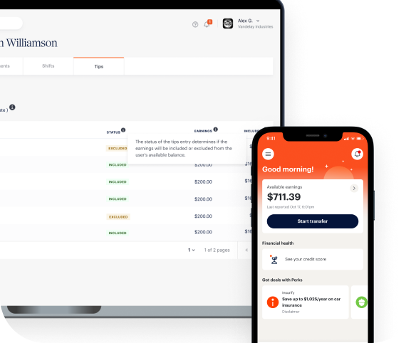 A laptop and smartphone display banking apps; the laptop shows account transactions and the phone shows a balance of $711.39 with options to transfer money.