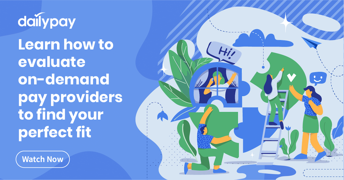 Illustration of four people with elements of technology, plants, and directions, accompanied by the text "Learn how to evaluate On-Demand Pay providers to find your perfect fit." Text includes "Watch Now.