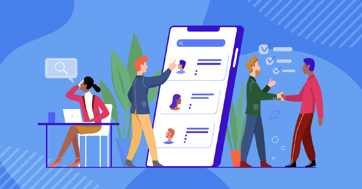 Illustration of people around a giant smartphone. One person works at a desk, another scrolls through the phone, and two more people are shaking hands, implying business interaction.