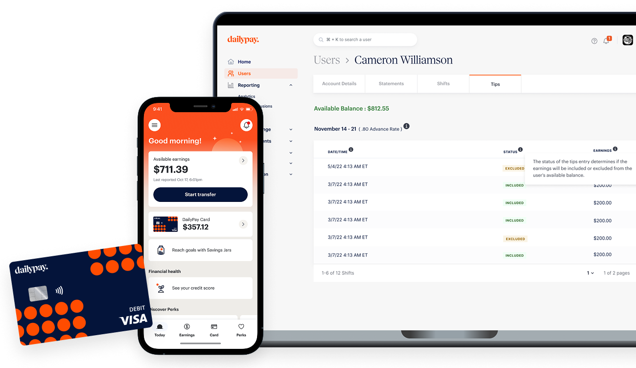 A smartphone, laptop, and debit card display banking app interfaces showing account balances, transactions, and financial tools.