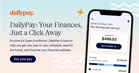 A DailyPay advertisement shows a smartphone displaying an account balance of $489.53 and promotes quick access to earnings with the slogan, "Your Finances, Just a Click Away.
