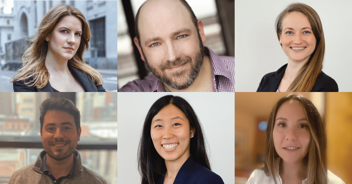 A collage of six professional headshots, arranged in two rows of three. The individuals vary in gender, hair color, and dress styles, all appearing in business attire. The top row depicts a woman with blonde hair, a bald man with a beard, and a woman with long brown hair. The bottom row shows a man with short dark hair, an Asian woman with long black hair, and a woman with shoulder-length brown hair.