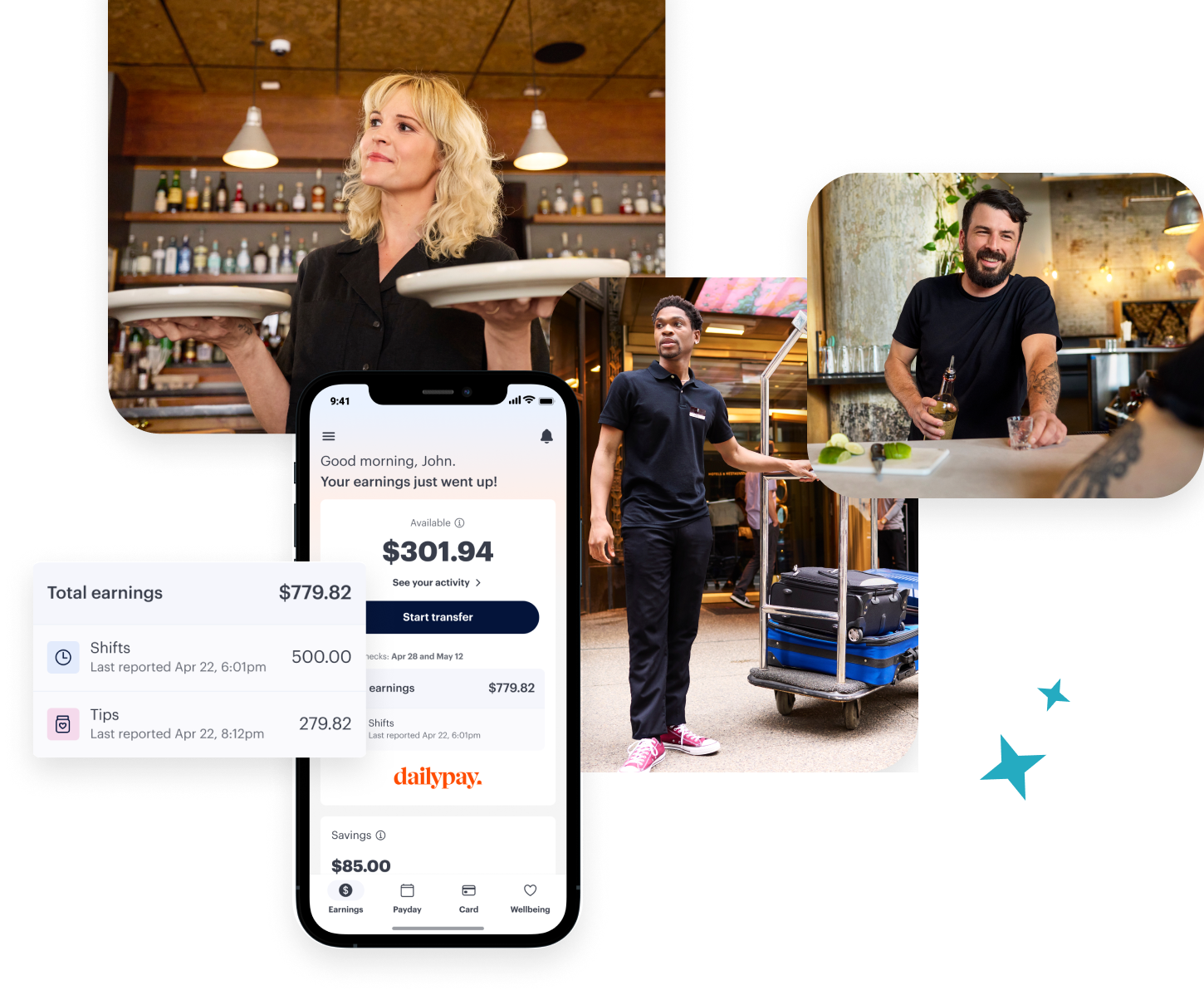 Collage of three servers working in restaurants and a mobile device displaying earnings and shift information using the DailyPay app.