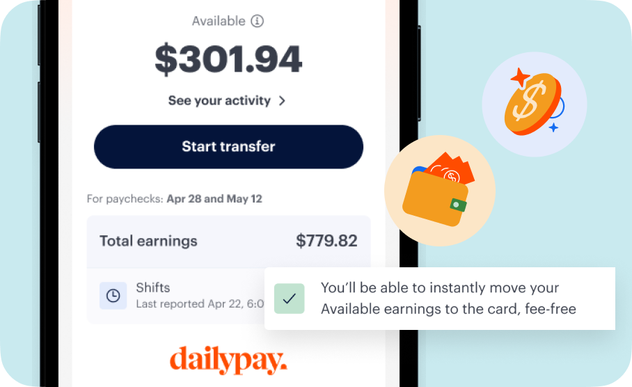 A mobile financial app interface showing a balance of $301.94, option to start transfer, and total earnings of $779.82. Icons of a lock, a wallet, and a stack of coins are shown.