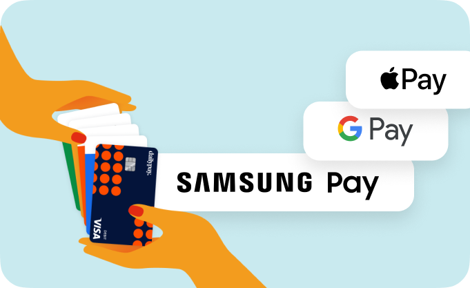 Two hands exchanging various credit cards, with logos of Apple Pay, Google Pay, and Samsung Pay displayed prominently.