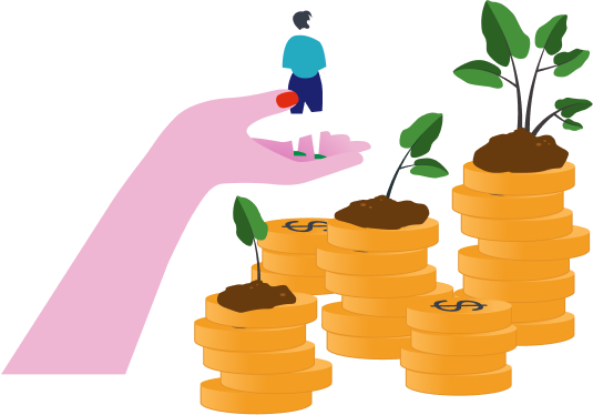 Illustration of a hand holding a person standing on a stack of coins, surrounded by additional stacks of coins with seedlings growing from them.