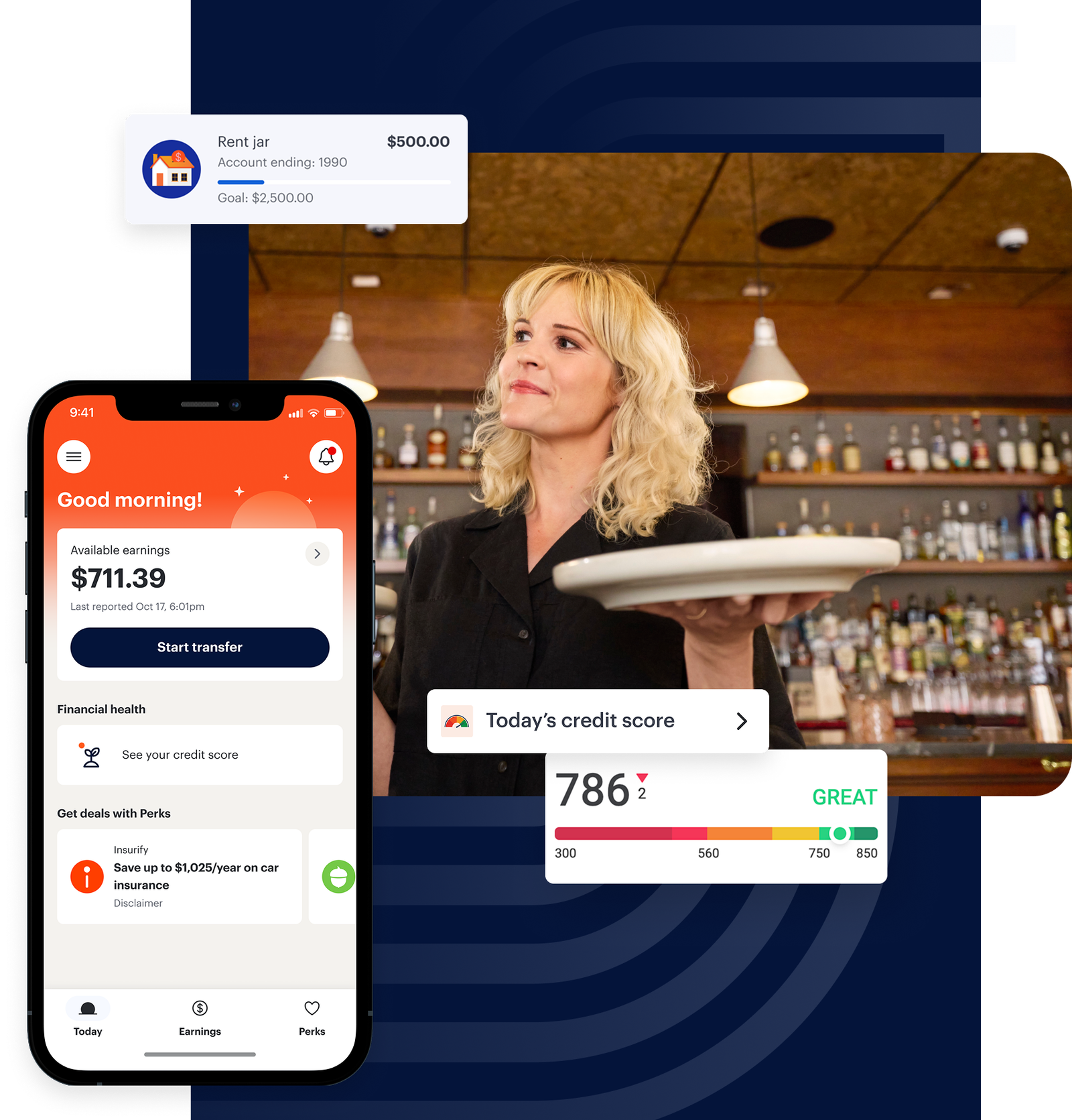 A woman holding a tray in a bar, with overlaid graphics showing a mobile banking app, a credit score of 786, and a savings goal of $500.