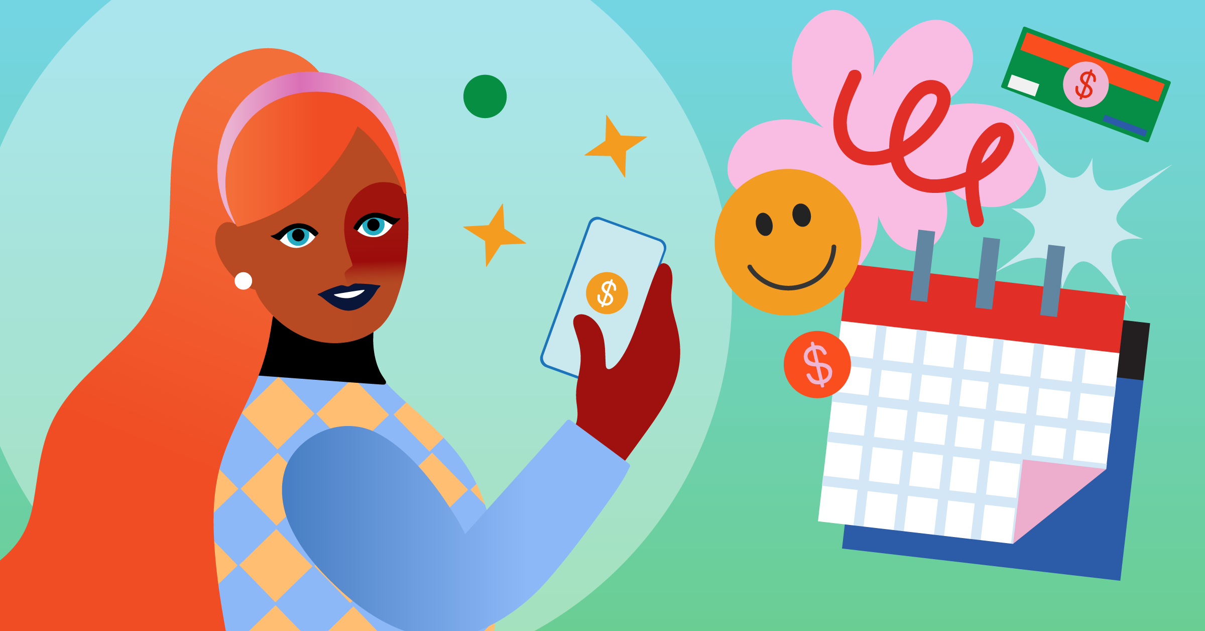 A person holds a smartphone with a coin symbol, indicating an early paycheck request. Nearby are a calendar, smiling emoji, and a credit card with dollar signs. These elements suggest financial planning and positive emotions.
