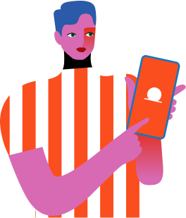 Illustration of a purple-skinned person with blue hair, wearing a red and white striped shirt, holding and pointing at a smartphone with an orange screen displaying a white icon.