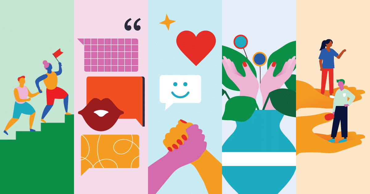 Illustration depicting various scenes: people climbing stairs, speech bubbles, a heart and smiley, hands holding flowers, and two people being held in large hands, symbolizing support and positivity.