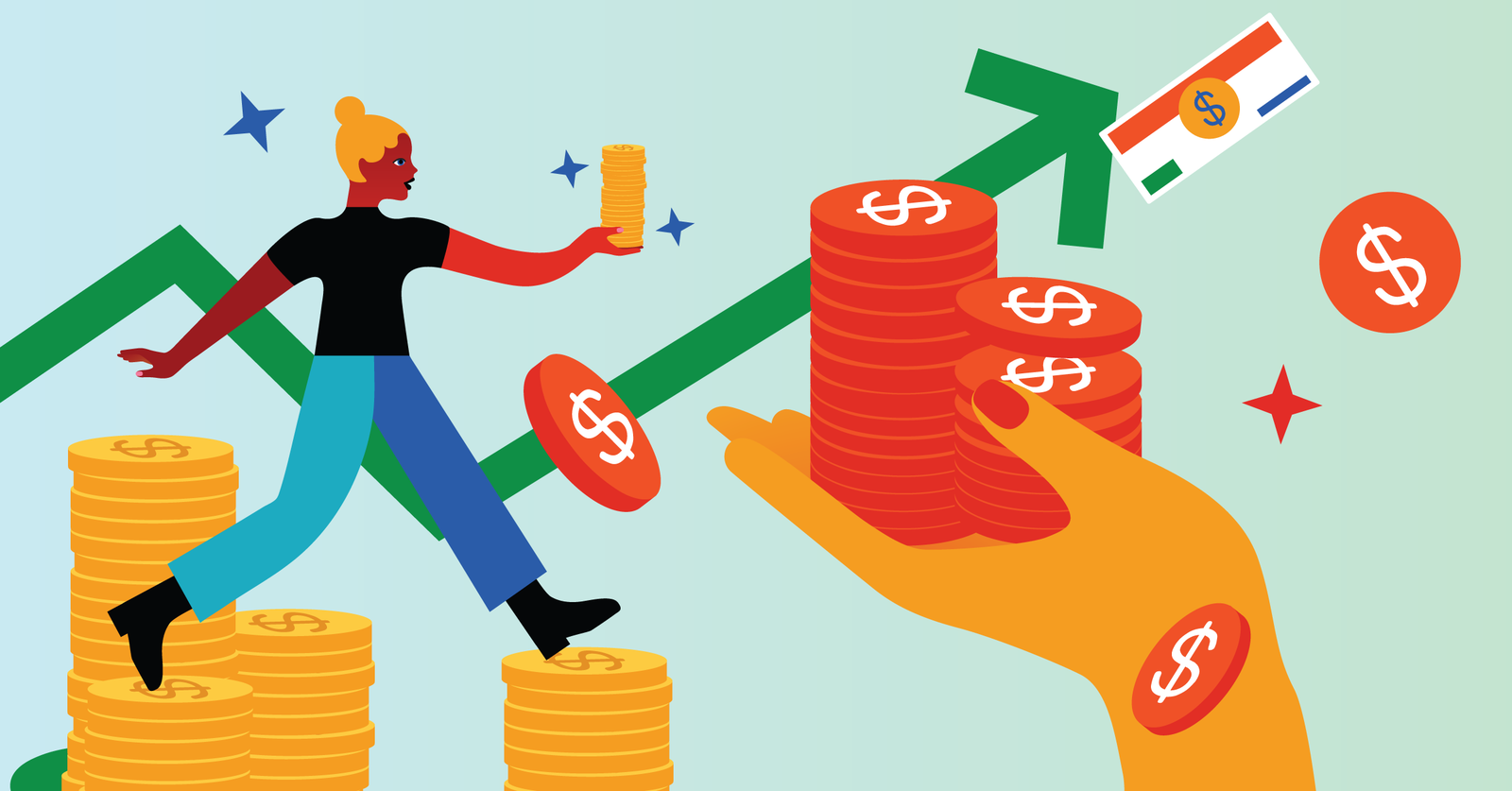 Illustration of a person holding coins and climbing a stack of coins, large hand holding stacked coins, upward-pointing arrow, and currency symbols representing financial growth and investment.