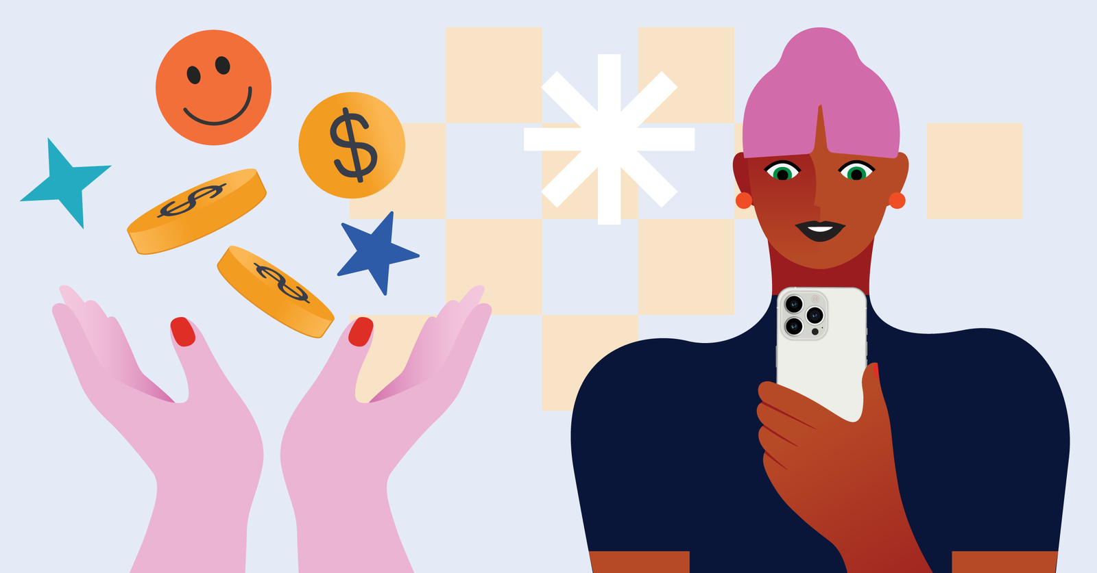 Illustration of a person with pink hair using a smartphone, with hands juggling coins, a smiley face, stars, and a dollar sign nearby.