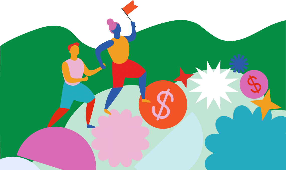 Colorful illustration of two abstract figures climbing a hillside with dollar signs, flowers, and stars. One figure waves a flag while helping the other ascend.