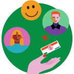 Illustration of a hand holding an ID card, with two profile pictures and a smiley face in circles on a green background.