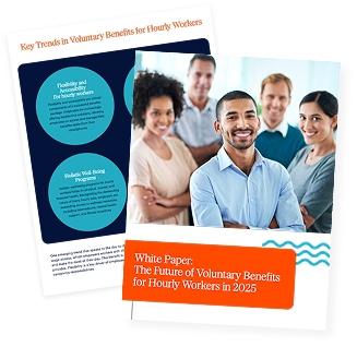 Two booklet pages, one with smiling professionals, the other listing key trends for hourly workers; cover title reads "White Paper: The Future of Voluntary Benefits for Hourly Workers in 2025.