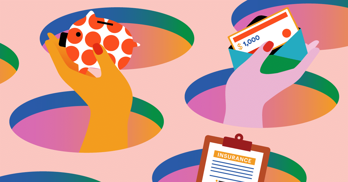Colorful illustration of hands emerging from holes, holding a polka-dotted piggy bank, a wallet with cash, and an insurance document.