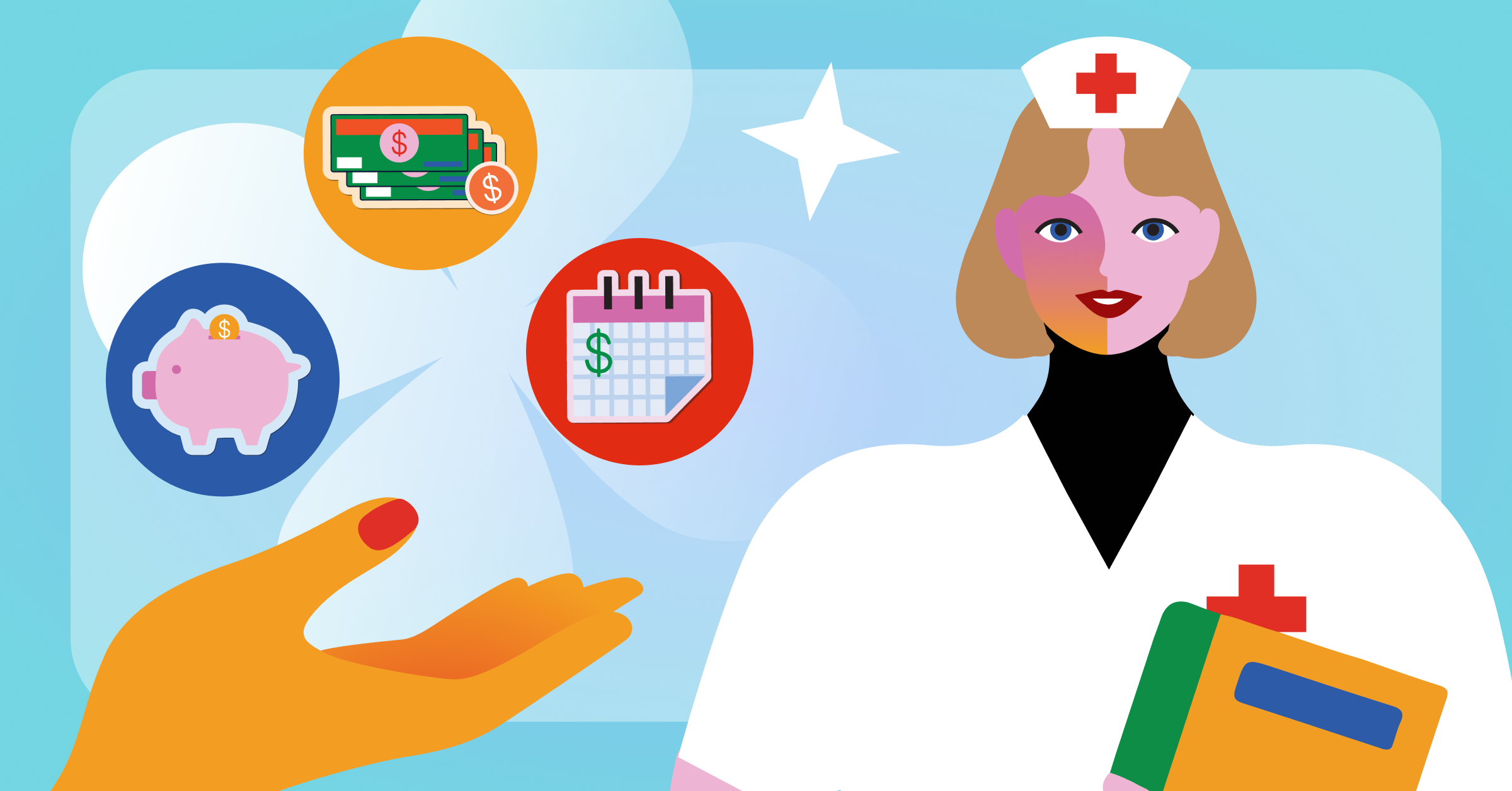 Illustration of a nurse holding a folder, with icons of money, a piggy bank, and a calendar above an outstretched hand, symbolizing healthcare costs and financial planning.