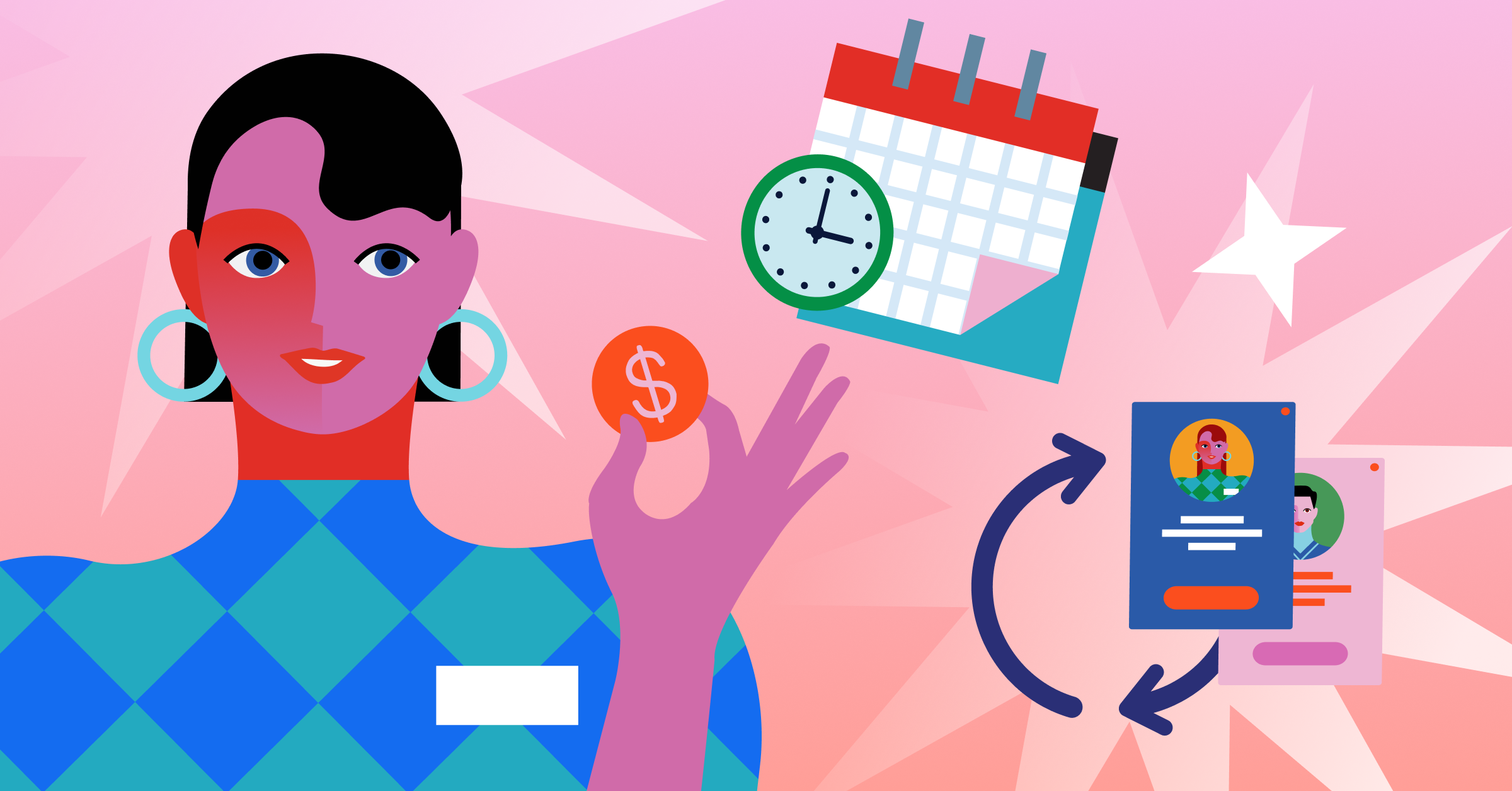 Illustration of a person holding a coin, with a clock, calendar, and profile cards, suggesting scheduling, time management, and financial or networking activities.