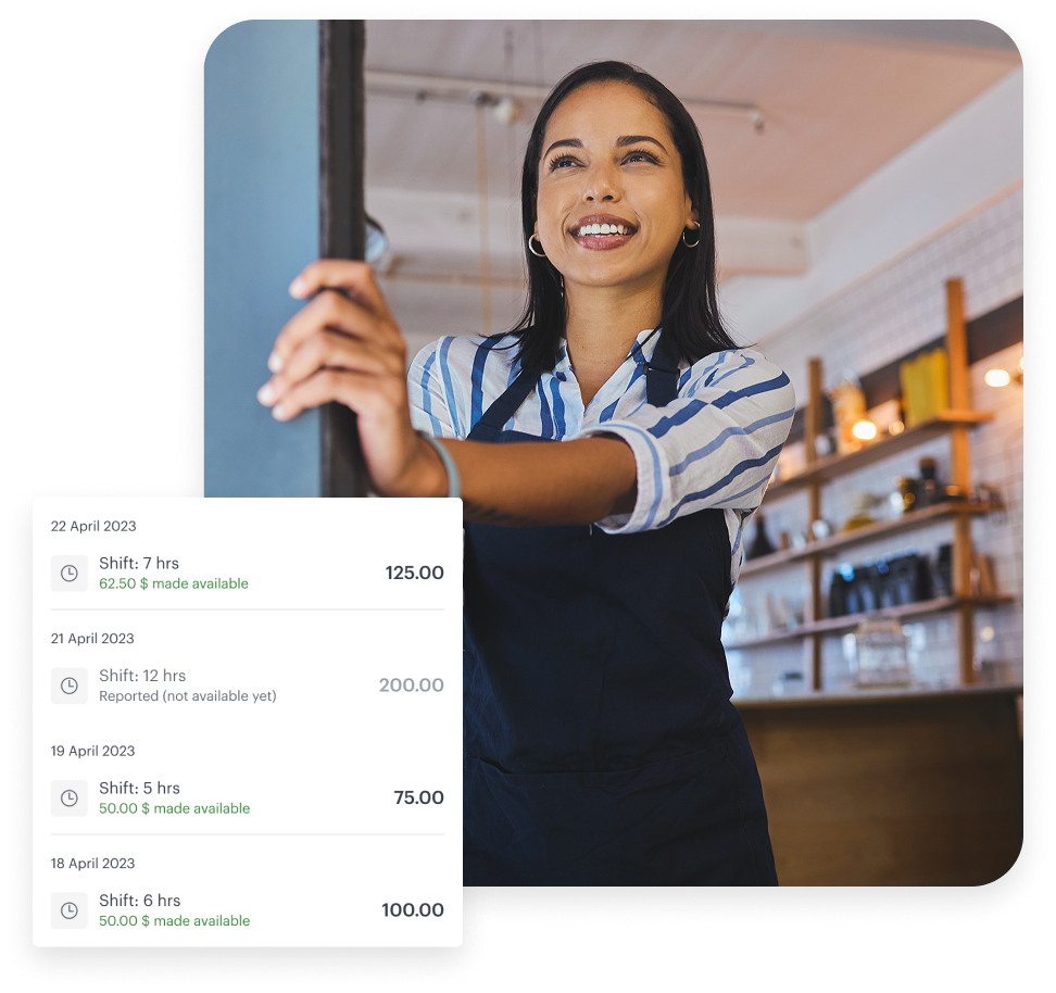A woman in an apron stands smiling by a door in a café. Overlaid are work shift records showing hours, pay, and dates from April 2023.