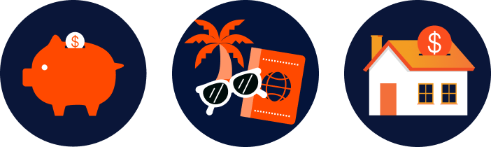Three circular icons: a piggy bank with a coin, sunglasses and a passport beside a palm tree, and a house with a coin on the roof represent saving, travel, and homeownership.