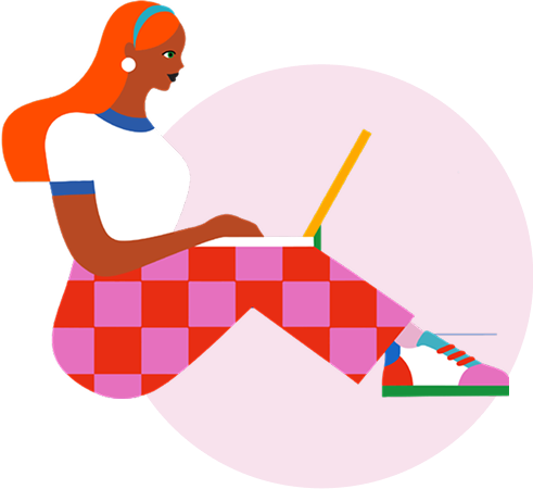 Illustration of a person with long orange hair, wearing a white shirt and checkered pants, sitting and using a laptop against a pink circular background.