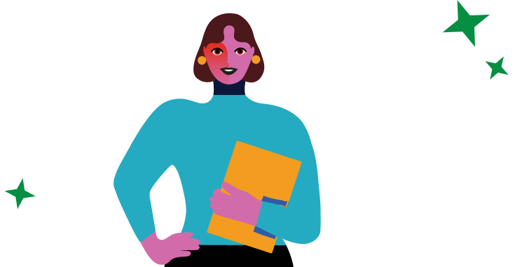 Illustration of a person with short brown hair holding a yellow folder, wearing a blue top, standing with one hand on hip. Green stars are scattered around them.