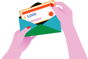 Illustration of hands holding an envelope containing a check for $1,000.
