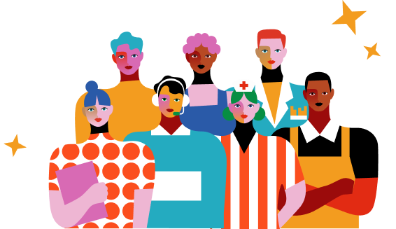 Illustration of a diverse group of people in various professions, including healthcare, construction, and office work, standing together against a starry background.
