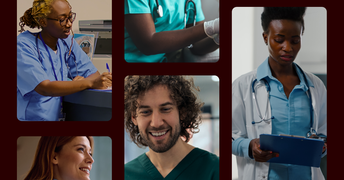 Collage of healthcare professionals, including doctors and nurses, wearing scrubs or lab coats and holding medical charts or equipment in clinical settings.