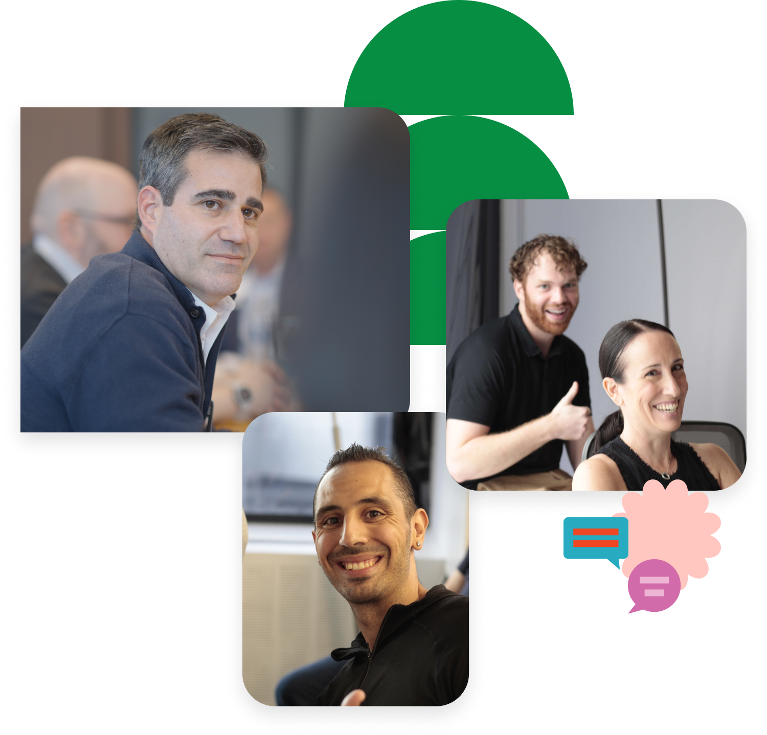 Three people in a professional setting: a man with dark hair and gray top, a man and woman smiling with thumbs up, and another man with dark hair and a black shirt, all indoors.