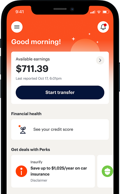 Mobile banking app screen showing available balance of $489.53, with options to start a transfer. Earnings last reported at $1,100.00, and a detailed breakdown of transferred amount and fees.