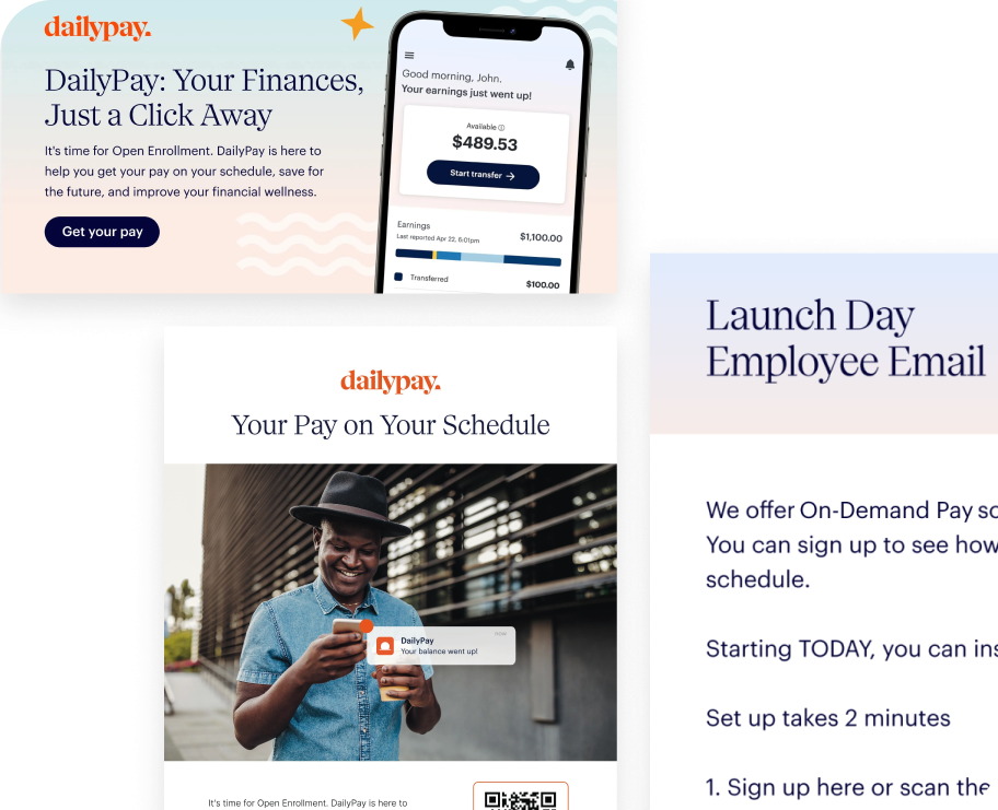 A collage showing DailyPay promotional materials, including a phone displaying a balance, a smiling man holding a coffee, and text about employee pay and open enrollment.