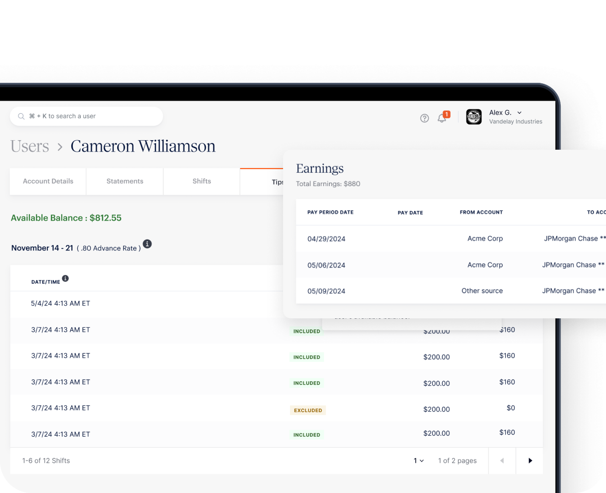 A financial dashboard displays user Cameron Williamson's earnings, pay periods, payment sources, and available balance, with earnings details shown in a pop-up window.